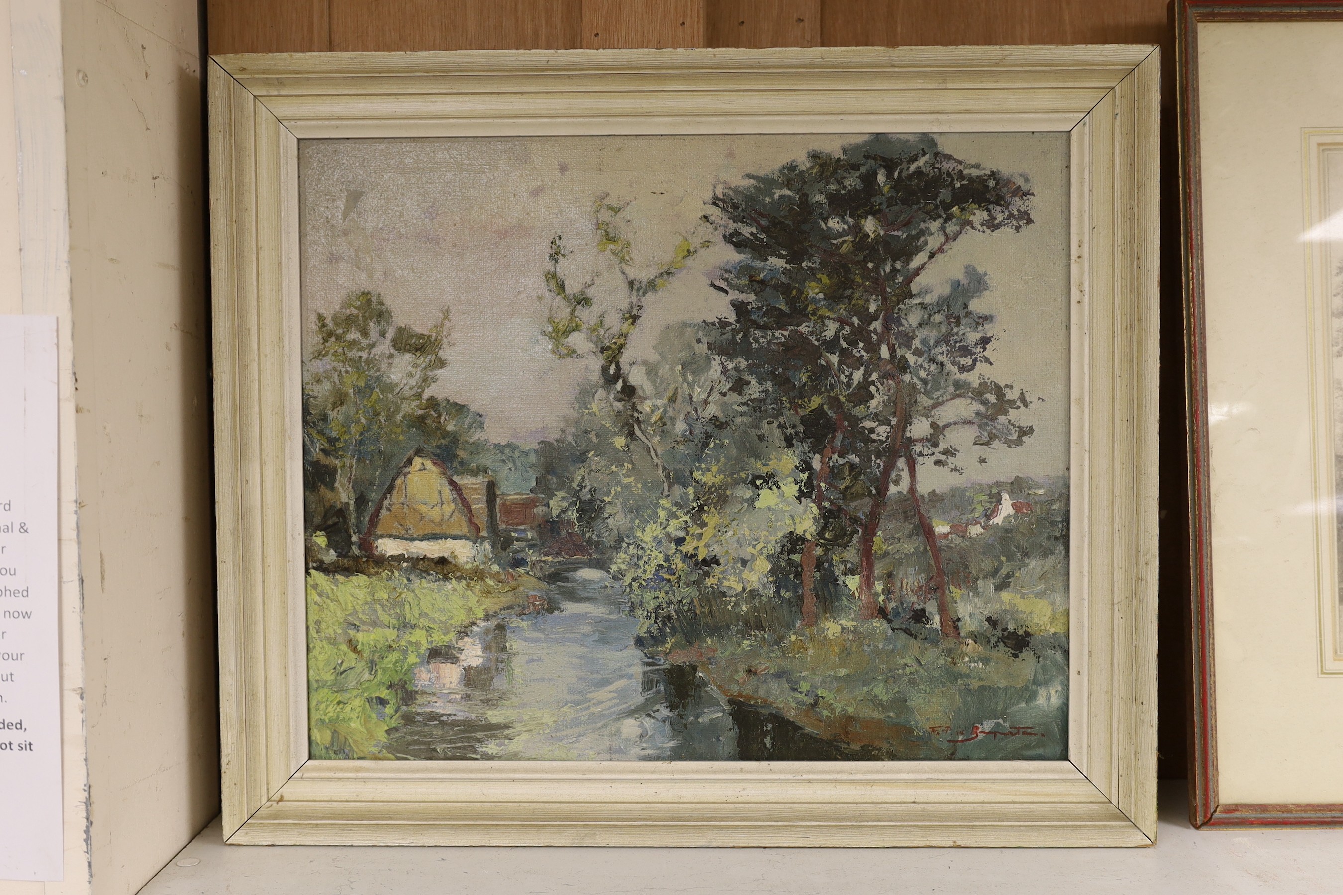 Francesco Pablo de Besperato (Czech, 1900-1963), oil on canvas, Tree lined canal, signed, 40 x 48cm